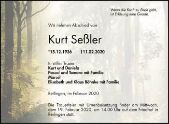 Traueranzeige von Kurt Seßler von Schwetzinger Zeitung