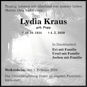 Traueranzeige von Lydia Kraus von Fränkische Nachrichten