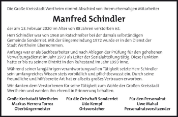 Traueranzeige von Manfred Schindler von Fränkische Nachrichten