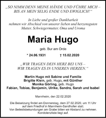 Traueranzeige von Maria Hugo von Mannheimer Morgen