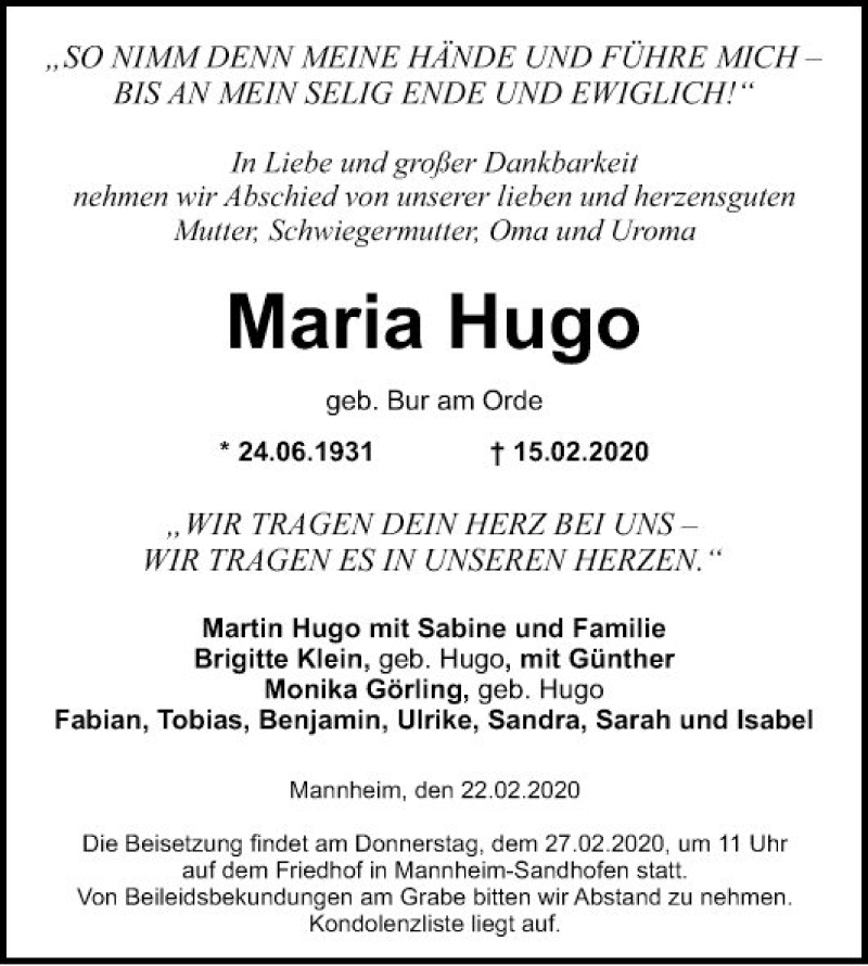  Traueranzeige für Maria Hugo vom 22.02.2020 aus Mannheimer Morgen