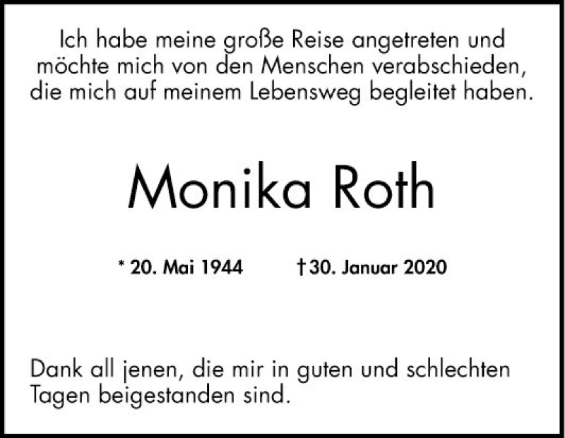  Traueranzeige für Monika Roth vom 15.02.2020 aus Mannheimer Morgen