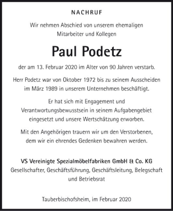 Traueranzeige von Paul Podetz von Fränkische Nachrichten