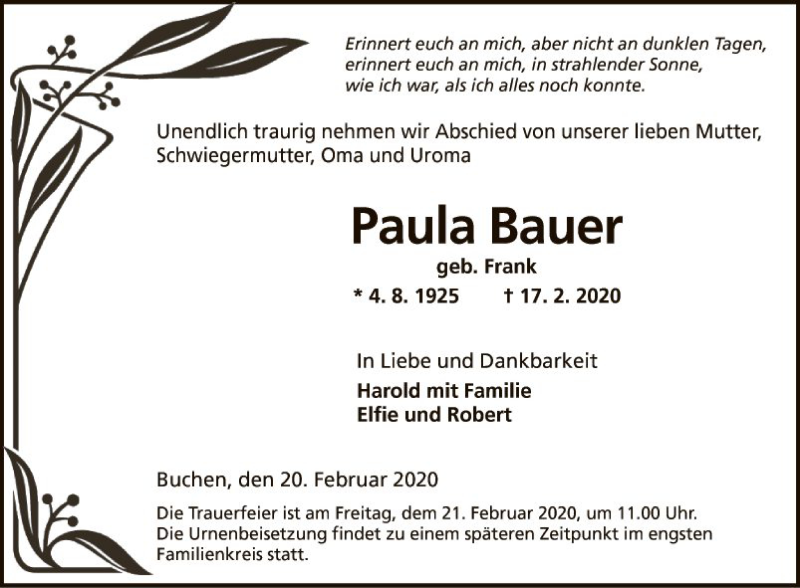  Traueranzeige für Paula Bauer vom 20.02.2020 aus Fränkische Nachrichten