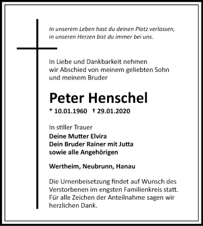  Traueranzeige für Peter Henschel vom 28.02.2020 aus Fränkische Nachrichten
