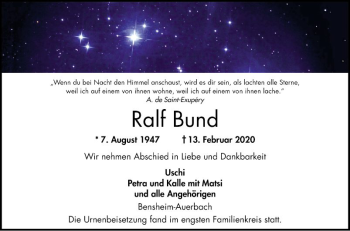 Traueranzeige von Ralf Bund von Bergsträßer Anzeiger