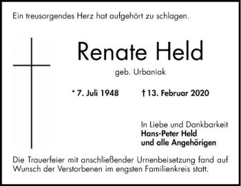 Traueranzeige von Renate Held von Schwetzinger Zeitung