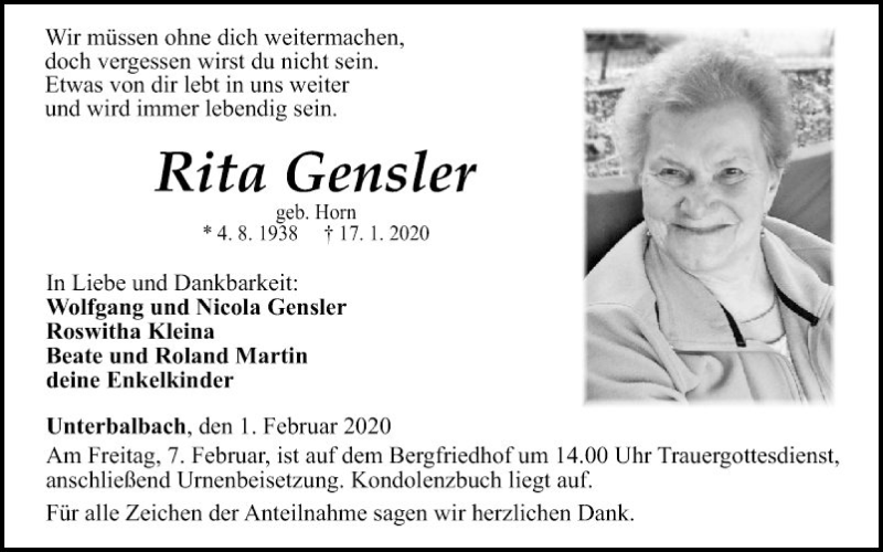  Traueranzeige für Rita Gensler vom 01.02.2020 aus Fränkische Nachrichten