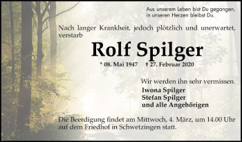 Traueranzeige von Rolf Spilger von Schwetzinger Zeitung