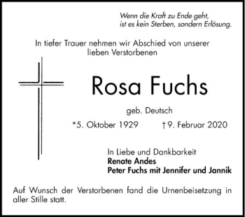 Traueranzeige von Rosa Fuchs von Schwetzinger Zeitung