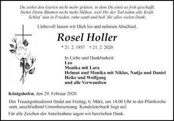 Traueranzeige von Rose Holler von Fränkische Nachrichten