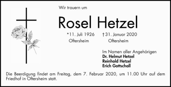 Traueranzeige von Rosel Hetzel von Schwetzinger Zeitung