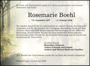 Traueranzeige von Rosemarie Boehl von Schwetzinger Zeitung