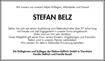 Traueranzeige von Stefan Belz von Mannheimer Morgen