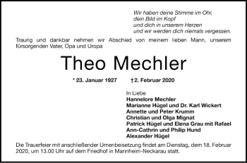 Traueranzeige von Theo Mechler von Mannheimer Morgen