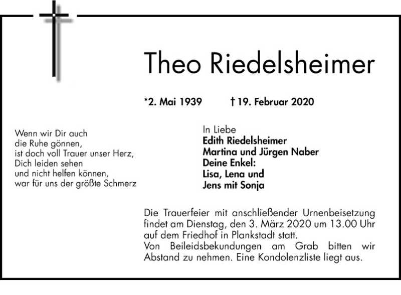  Traueranzeige für Theo Riedelsheimer vom 29.02.2020 aus Schwetzinger Zeitung