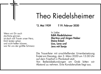 Traueranzeige von Theo Riedelsheimer von Schwetzinger Zeitung