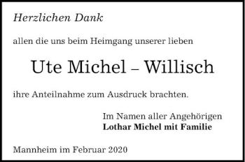 Traueranzeige von Ute Michel-Willisch von Mannheimer Morgen