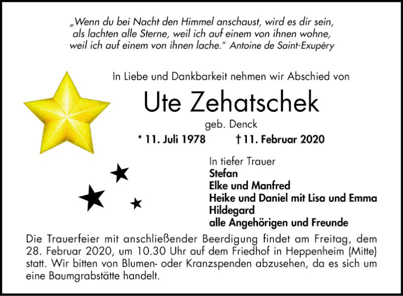  Traueranzeige für Ute Zehatschek vom 19.02.2020 aus Bergsträßer Anzeiger