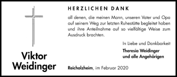 Traueranzeige von Viktor Weidinger von Fränkische Nachrichten