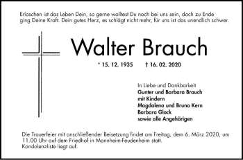 Traueranzeige von Walter Brauch von Mannheimer Morgen