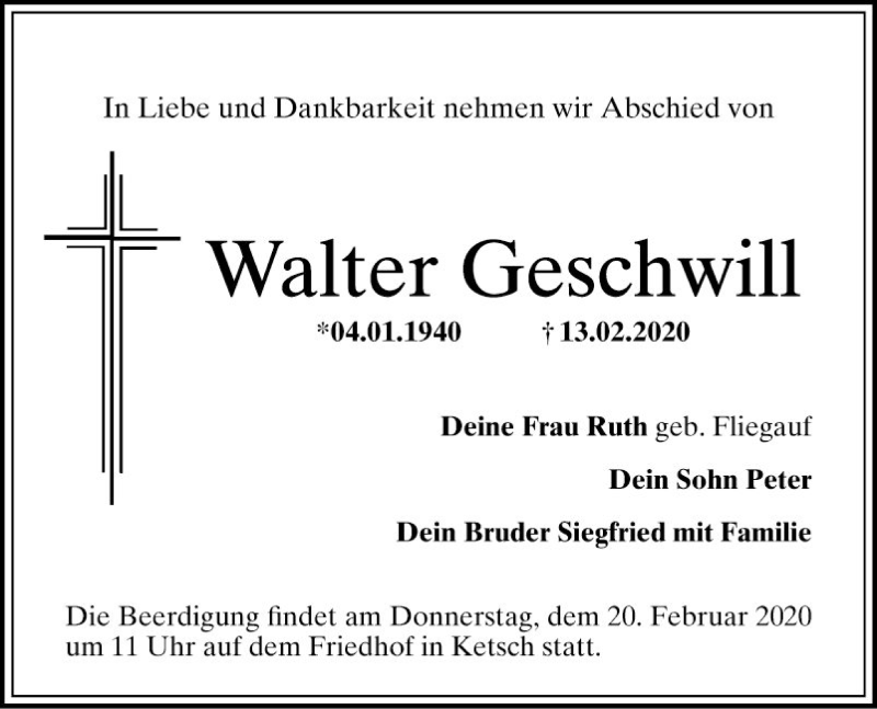  Traueranzeige für Walter Geschwill vom 18.02.2020 aus Schwetzinger Zeitung