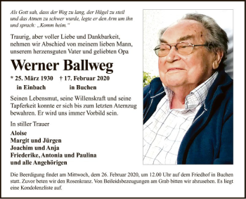 Traueranzeige von Werner Ballweg von Fränkische Nachrichten