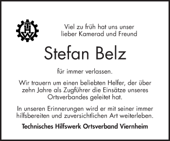Traueranzeige von Stefan Belz von Mannheimer Morgen