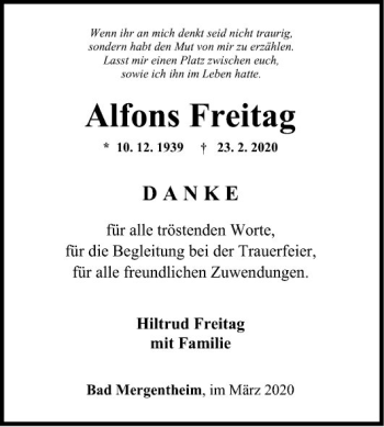Traueranzeige von Alfons Freitag von Fränkische Nachrichten