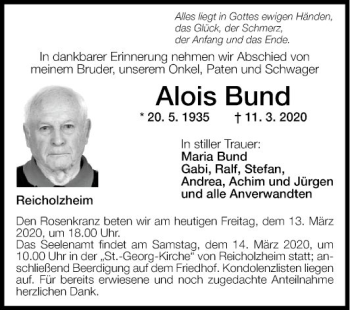 Traueranzeige von Alois Bund von Fränkische Nachrichten