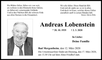 Traueranzeige von Andreas Lobenstein von Fränkische Nachrichten
