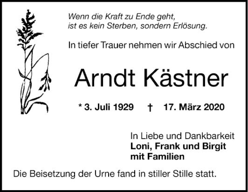  Traueranzeige für Arndt Kästner vom 28.03.2020 aus Mannheimer Morgen