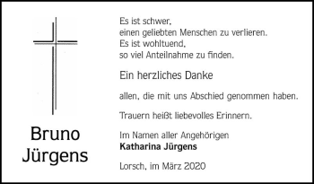 Traueranzeige von Bruno Jürgens von Bergsträßer Anzeiger