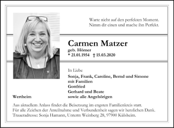 Traueranzeige von Carmen Matzer von Fränkische Nachrichten
