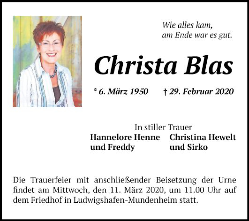  Traueranzeige für Christa Blas vom 07.03.2020 aus Mannheimer Morgen