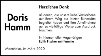Traueranzeige von Doris Hamm von Mannheimer Morgen