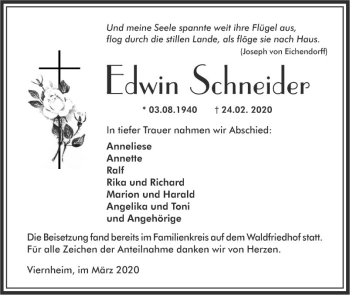 Traueranzeige von Edwin Schneider von Südhessen Morgen