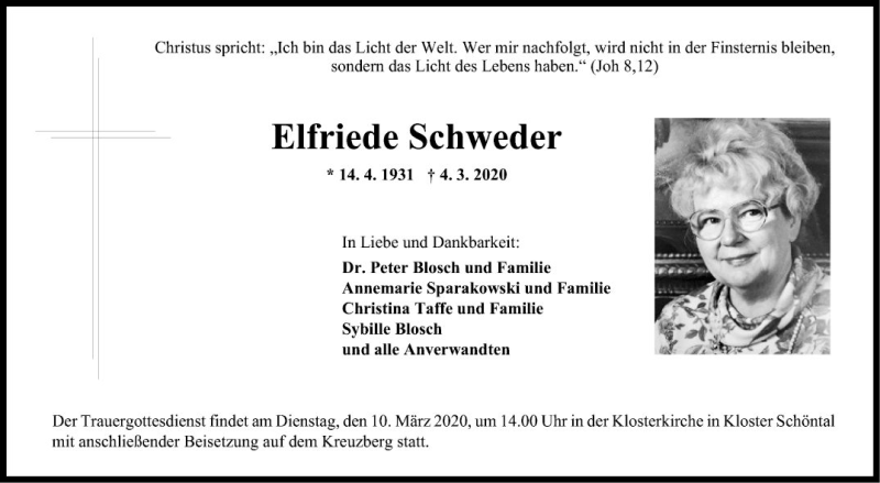  Traueranzeige für Elfriede Schweder vom 06.03.2020 aus Fränkische Nachrichten