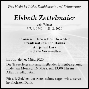 Traueranzeige von Elsbeth Zettelmaien von Fränkische Nachrichten