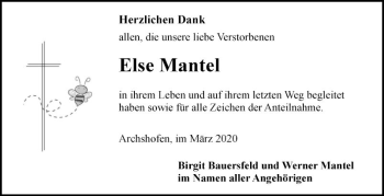 Traueranzeige von Else Mantel von Fränkische Nachrichten
