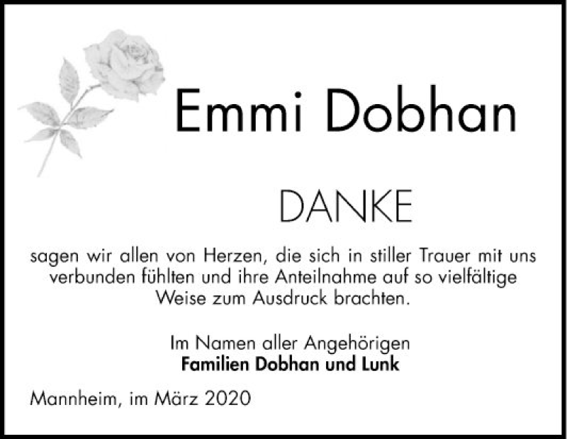  Traueranzeige für Emmi Dobhan vom 03.03.2020 aus Mannheimer Morgen