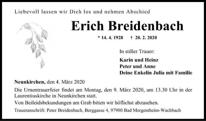  Traueranzeige für Erich Breidenbach vom 04.03.2020 aus Fränkische Nachrichten