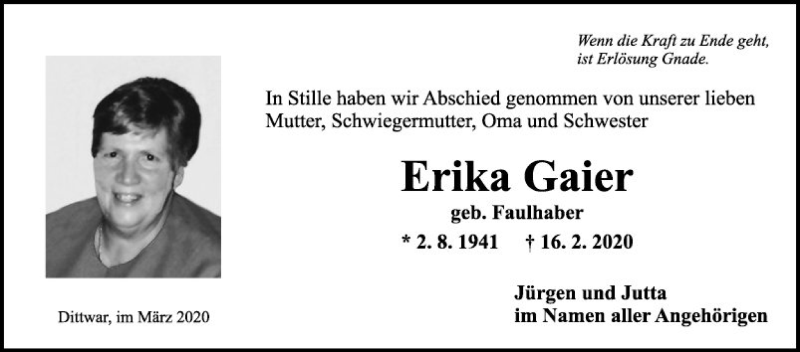  Traueranzeige für Erika Gaier vom 04.03.2020 aus Fränkische Nachrichten