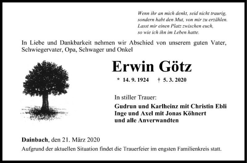  Traueranzeige für Erwin Götz vom 21.03.2020 aus Fränkische Nachrichten