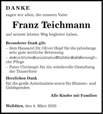 Traueranzeige von Franz Teichmann von Fränkische Nachrichten