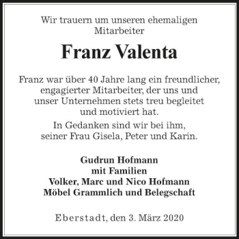 Traueranzeige von Franz Valenta von Fränkische Nachrichten