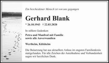 Traueranzeige von Gerhard Blank von Fränkische Nachrichten