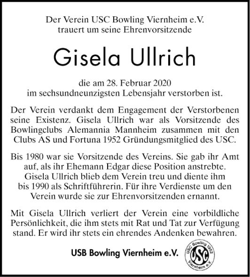  Traueranzeige für Gisela Ullrich vom 11.03.2020 aus Südhessen Morgen