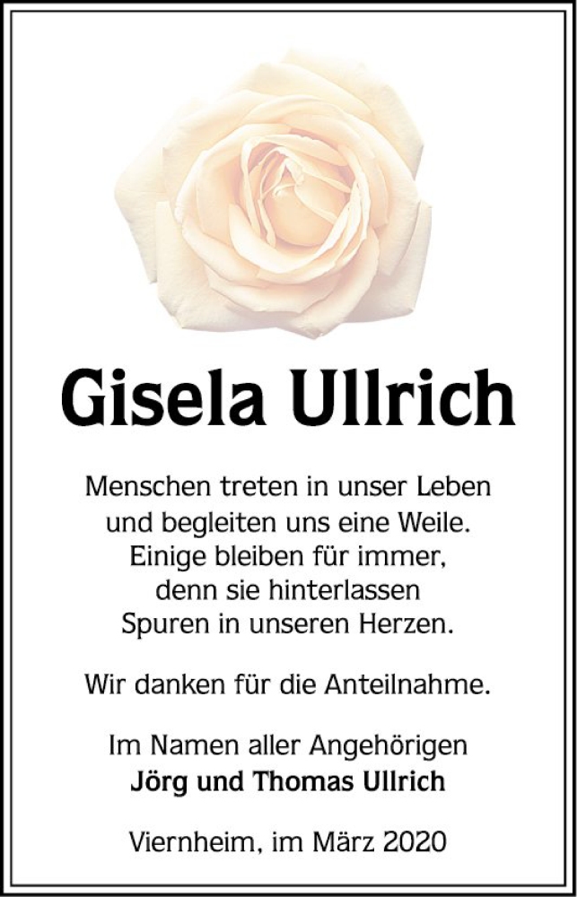  Traueranzeige für Gisela Ullrich vom 21.03.2020 aus Mannheimer Morgen