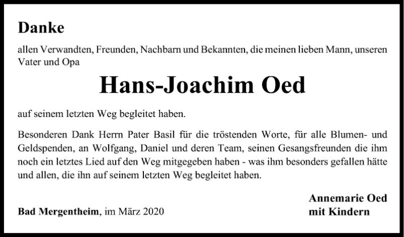  Traueranzeige für Hans-Joachim Oed vom 28.03.2020 aus Fränkische Nachrichten